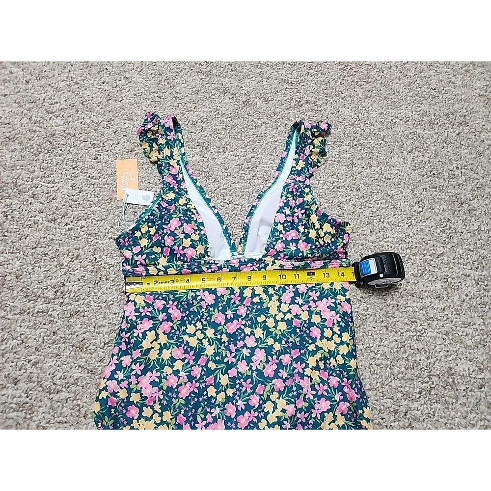 Kona Sol Green Pink Yellow Floral Deep V One Piece Bathing Swim Suit Large NWT